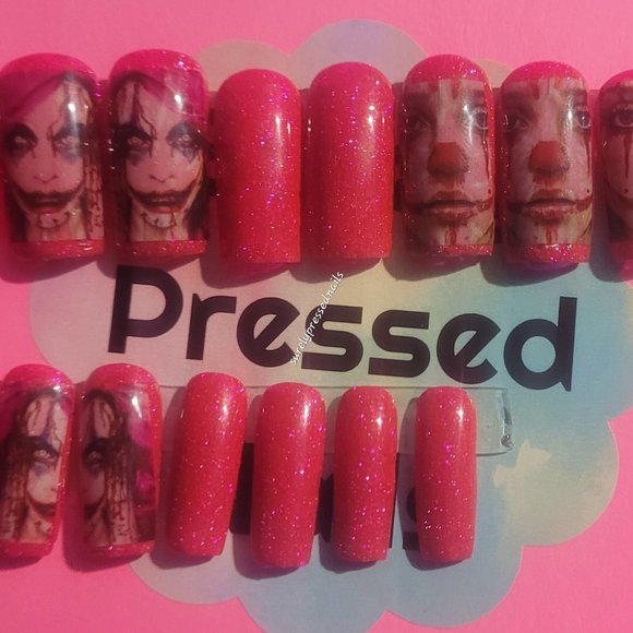 Shimmer Dark Pink Scary Clown Lady Square Press on Nails Halloween - Picture 2 of 3